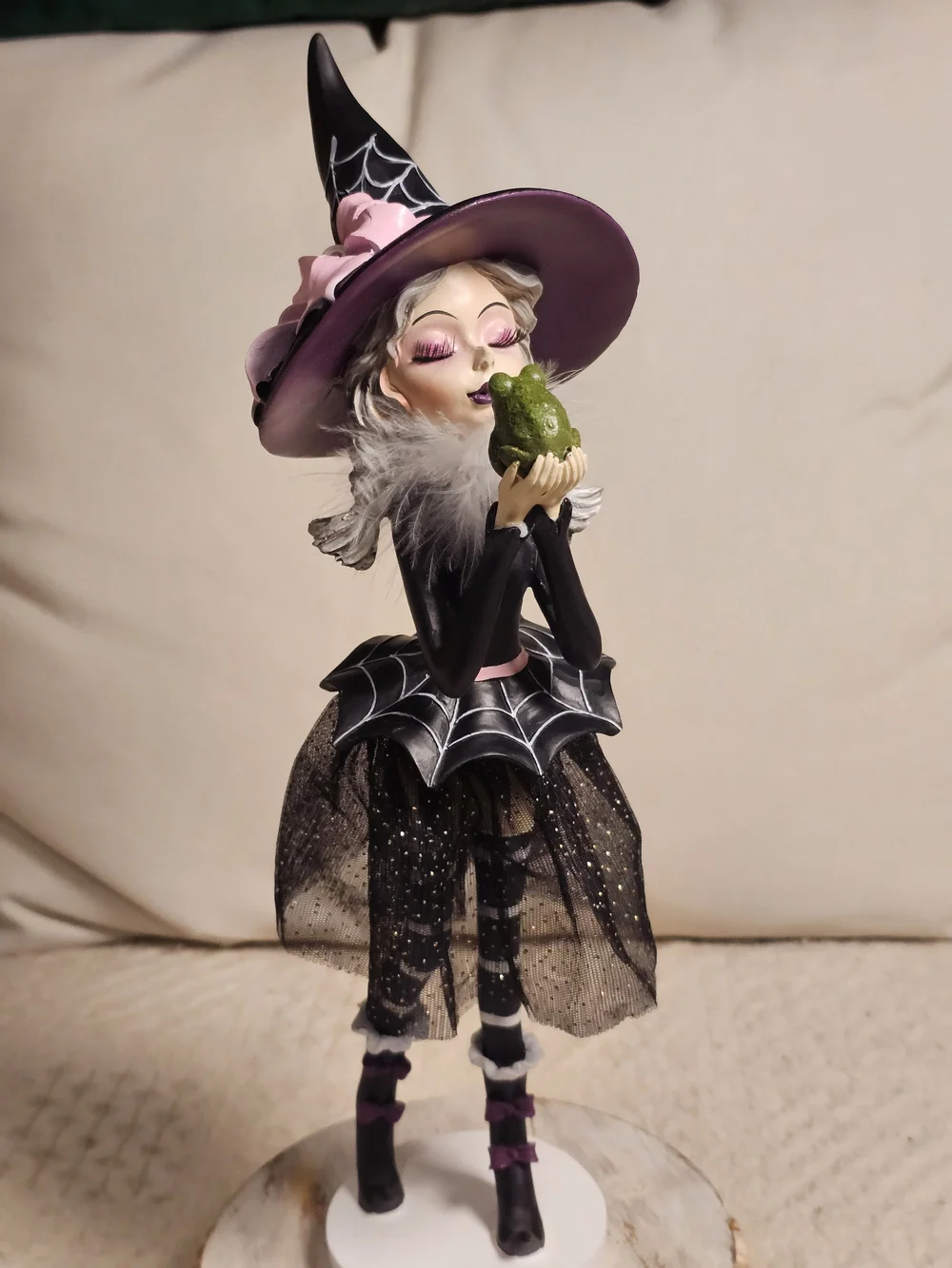 Whimsical Witch Figurine with Green Frog - Pink & Black Halloween 18